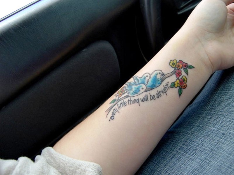 3 Blue Birds Tattoo On Wrist With Flower