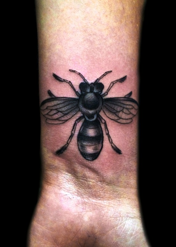 Amazing Black And Grey Bee Tattoo