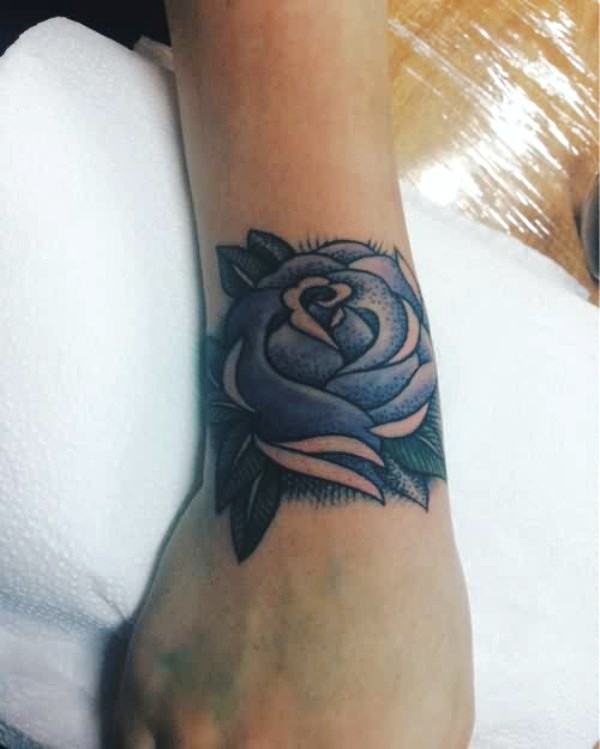 Amazing Blue Rose Tattoo On Wrist