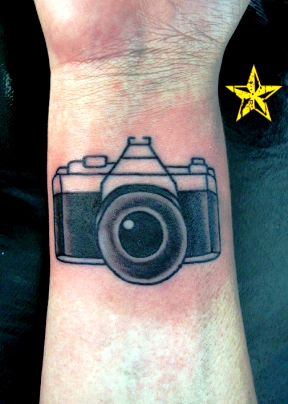 Awesome Black Camera Wrist Tattoo