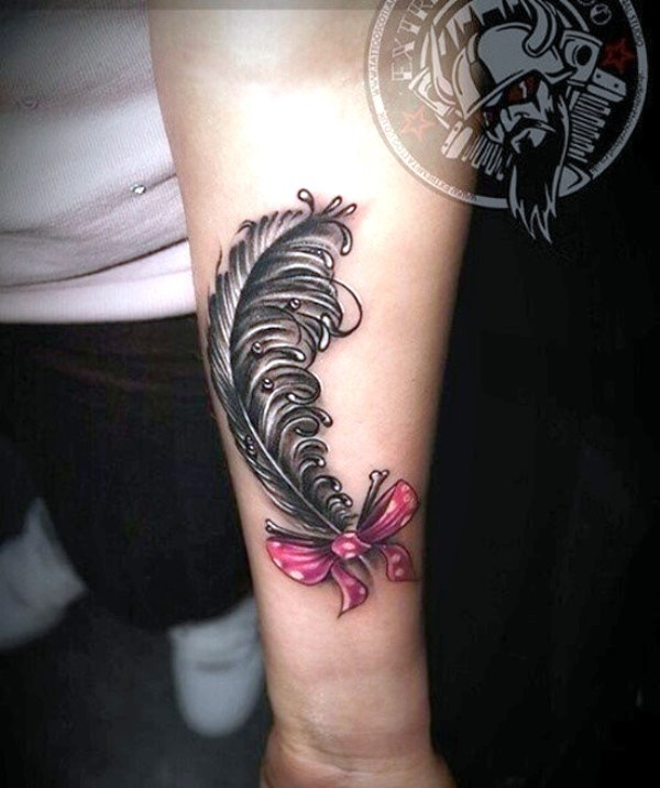 Beautiful Bow With Feather Design Tattoo