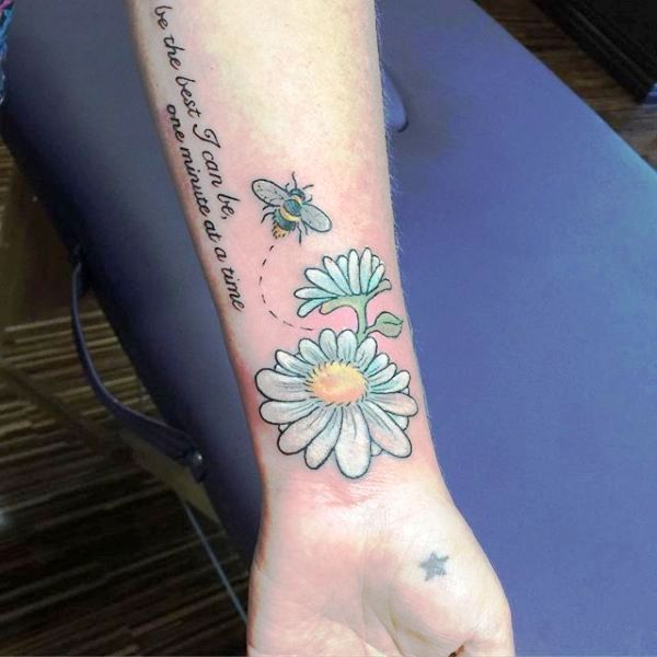 Bee With Flowers Tattoo On Wrist