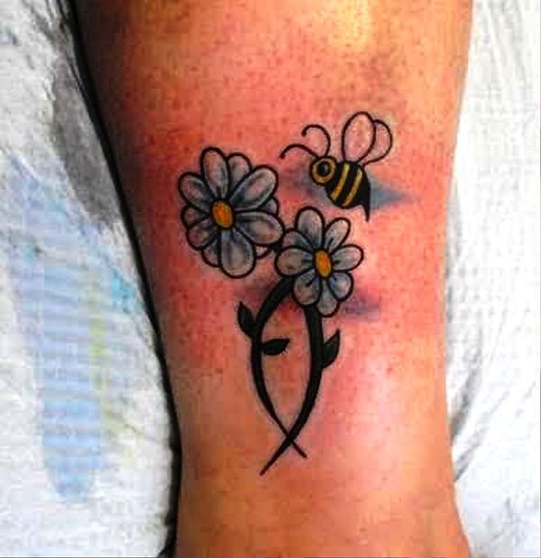 Bee With Flowers Tattoo On Wrist