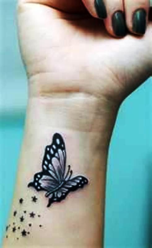 Black Butterfly And Star Tattoo On Wrist