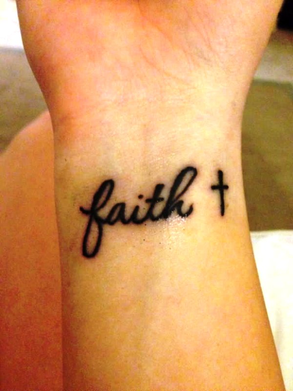 Black Cross With Faith Tattoo On Wrist