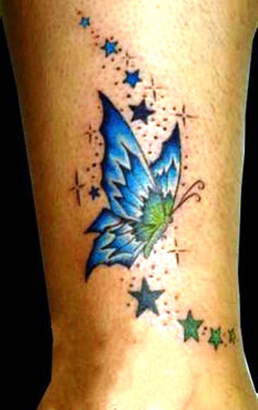 Blue Butterfly And Star Tattoo On Wrist