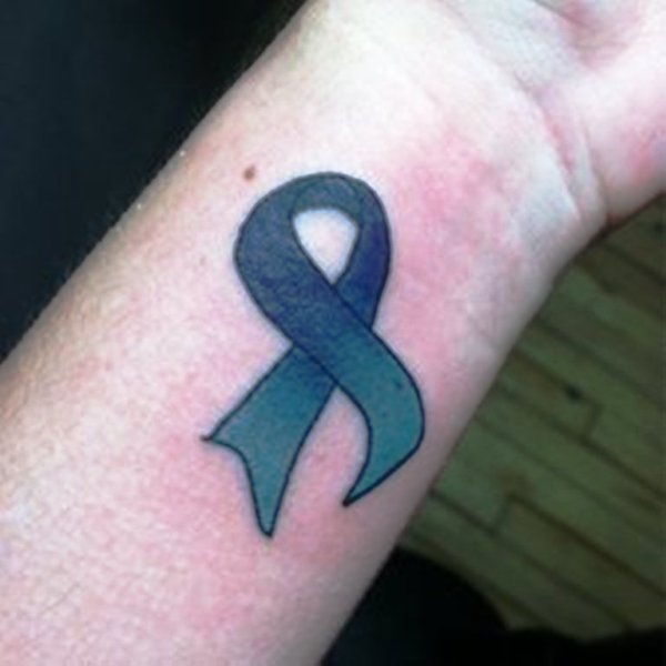 Blue Cancer Ribbon Wrist Tattoo