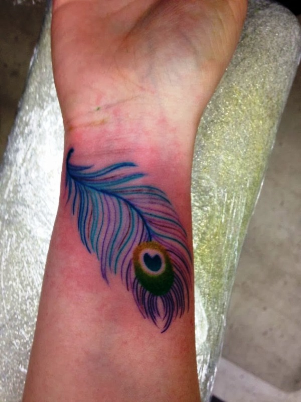 Blue Peacock Feather Wrist Tattoo