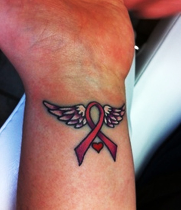 Cancer Winged Ribbon Wrist Tattoo