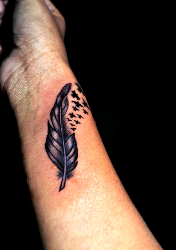 Classic Feather With Flying Birds Tattoo