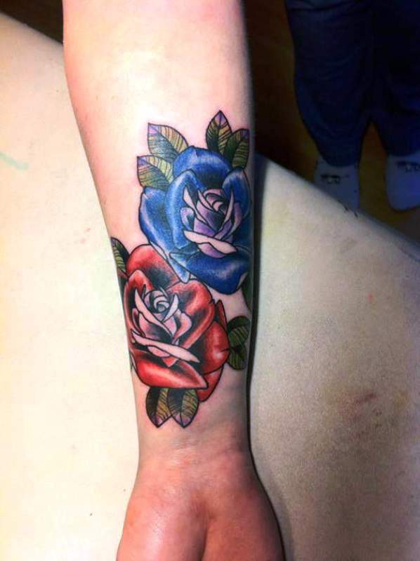 Colored Rose Tattoo On Wrist