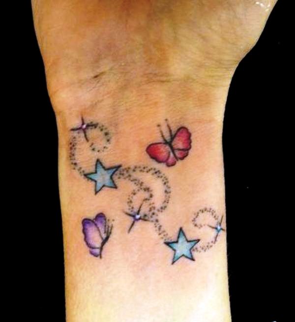 Colorful Butterfly And Star Tattoo