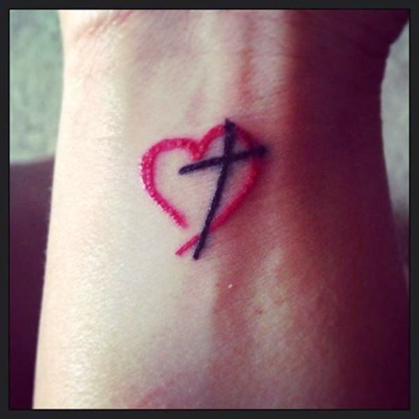 Cross Tattoo With Red Heart Design