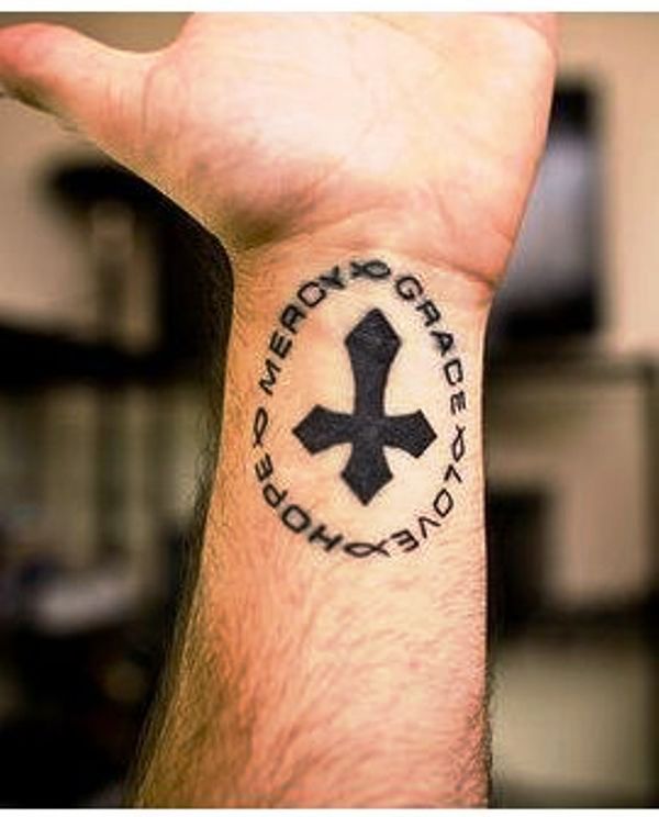 Cross Wrist Tattoo With Circle Of Words