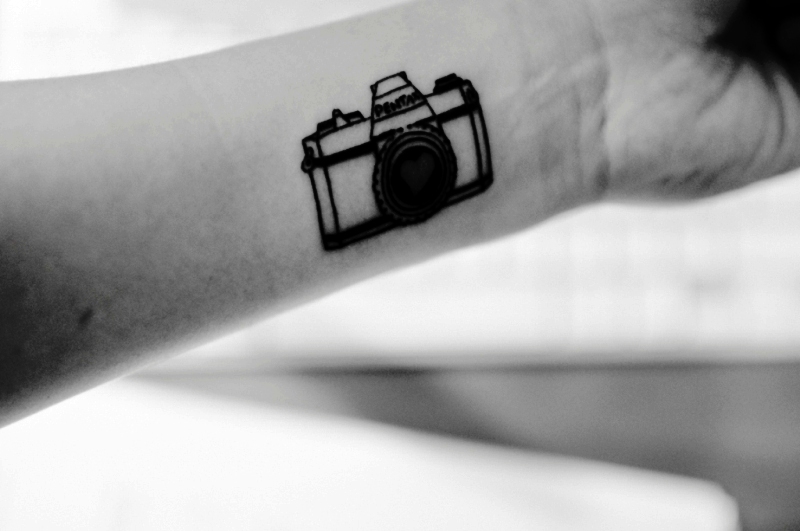 Cute Black And White Camera Wrist Tattoo