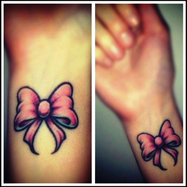 Cute Pink Bow Tattoo On Wrist