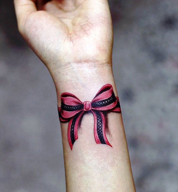 Cute Red Ribbon Wrist Tattoo