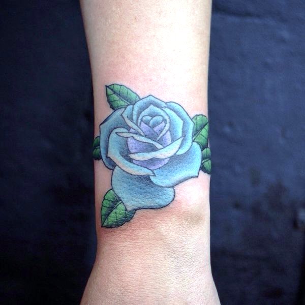 Elegant Blue Rose Tattoo On Wrist