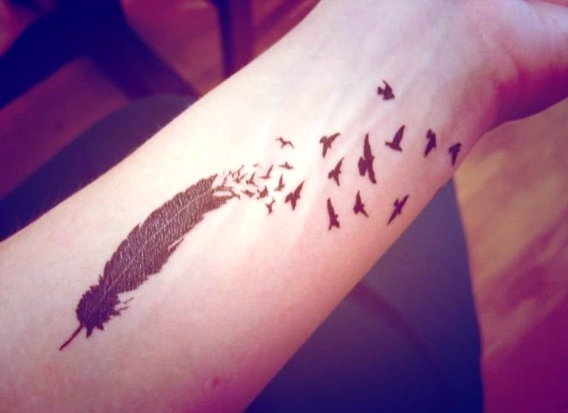 Feather And Birds Tattoo On Wrist