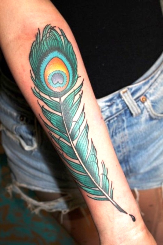 Green Peacock Feather Wrist Tattoo