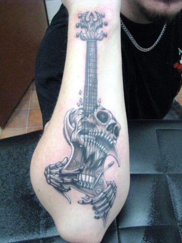 Guitar With Skull Tattoo On Wrist