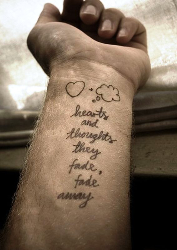 Hearts And Thoughts Quote Tattoo On Wrist