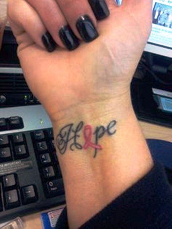 Hope Cancer Ribbon Tattoo On Wrist