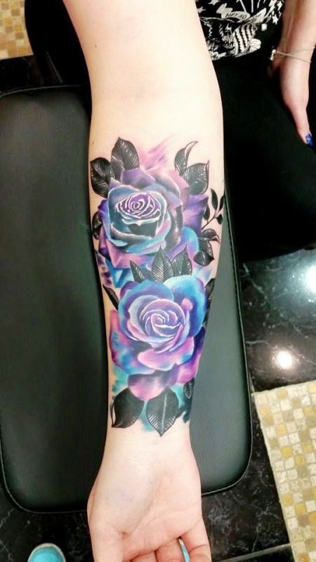 Large Blue Rose Wrist Tattoo