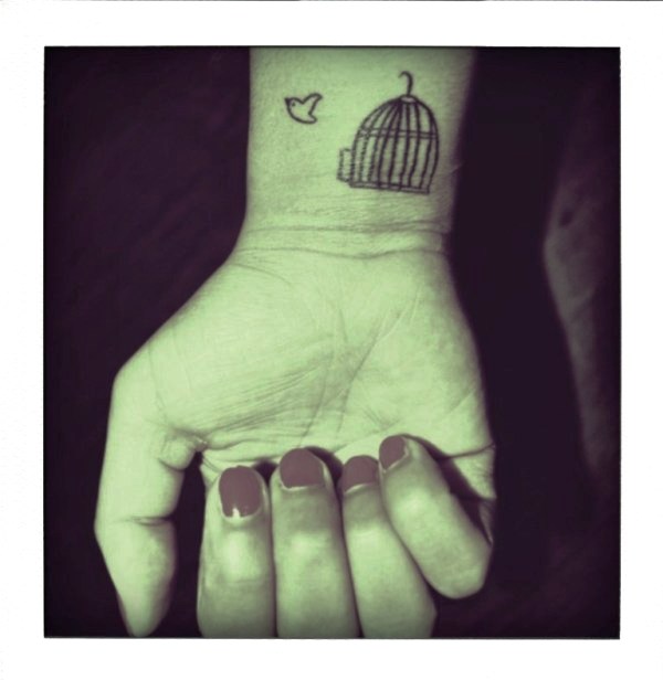 Nice Flying Bird And Cage Tattoo On Wrist