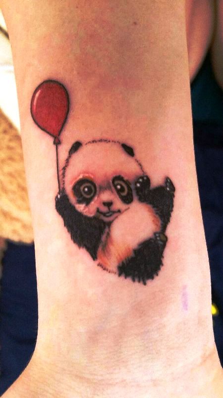 Panda With Balloon Tattoo On Wrist