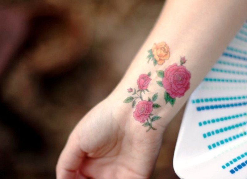 Pink Roses Tattoo On Wrist