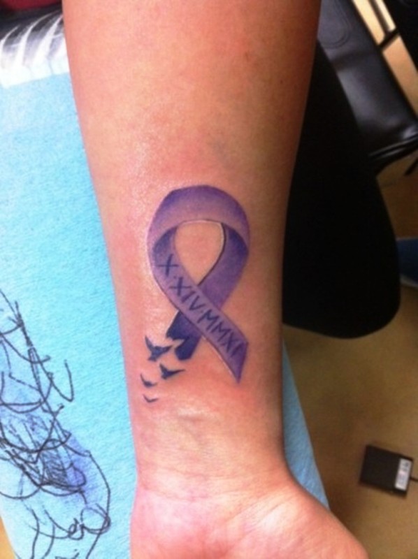Purple Cancer Ribbon Wrist Tattoo