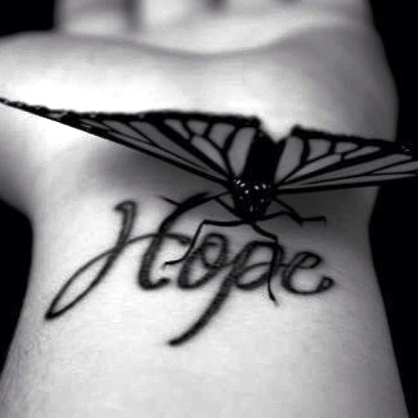 Realistic Hope And Butterfly Tattoo