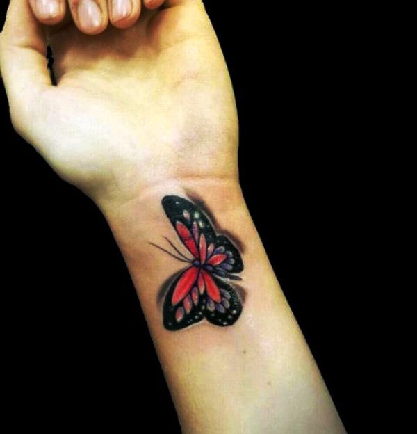 Red And Black Butterfly Tattoo On Wrist