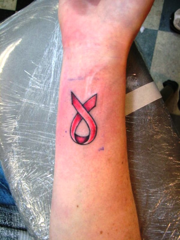 Red Cancer Ribbon Wrist Tattoo