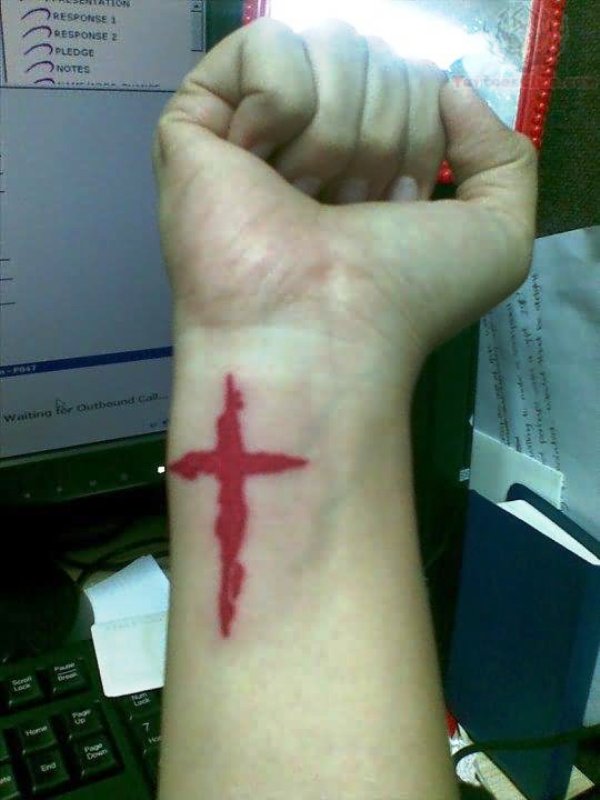 Red Cross Tattoo On Side Wrist