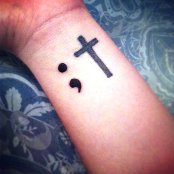 Semicolon And Cross Tattoo On Wrist