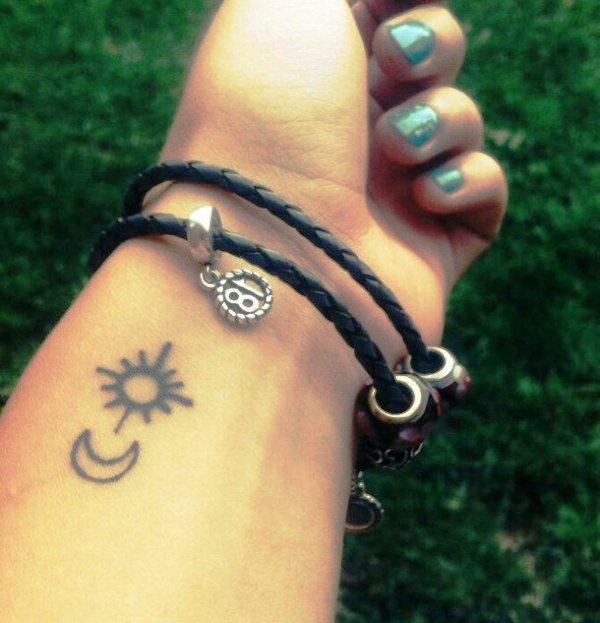 Small Sun Moon Tattoo On Wrist
