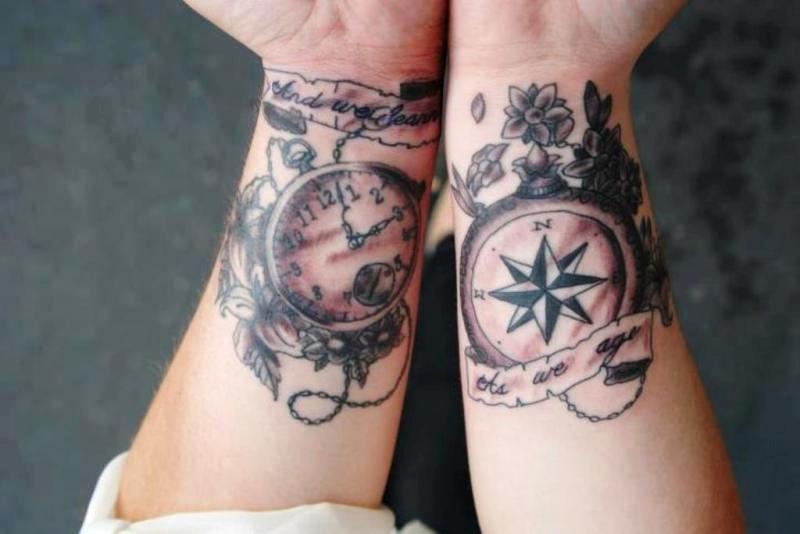 Steampunk Clock Compass Wrist Tattoo