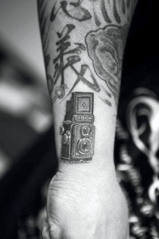 Stunning Old Camera Wrist Tattoo