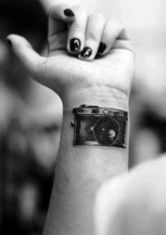 Stylish Black Camera Tattoo On Wrist
